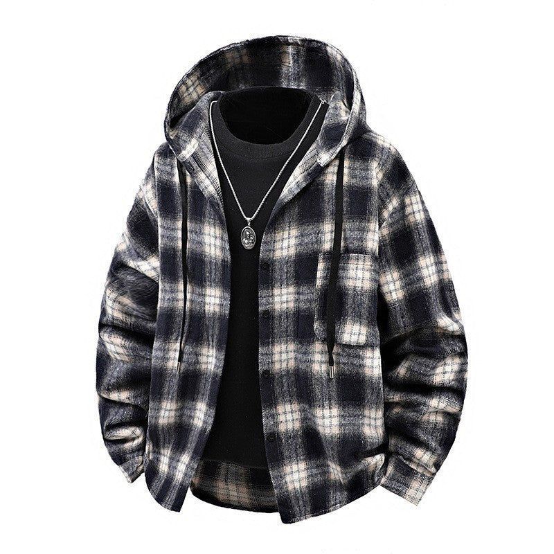 Men's Casual Checkered Mold Cover with Hood and Button Design Lisslune