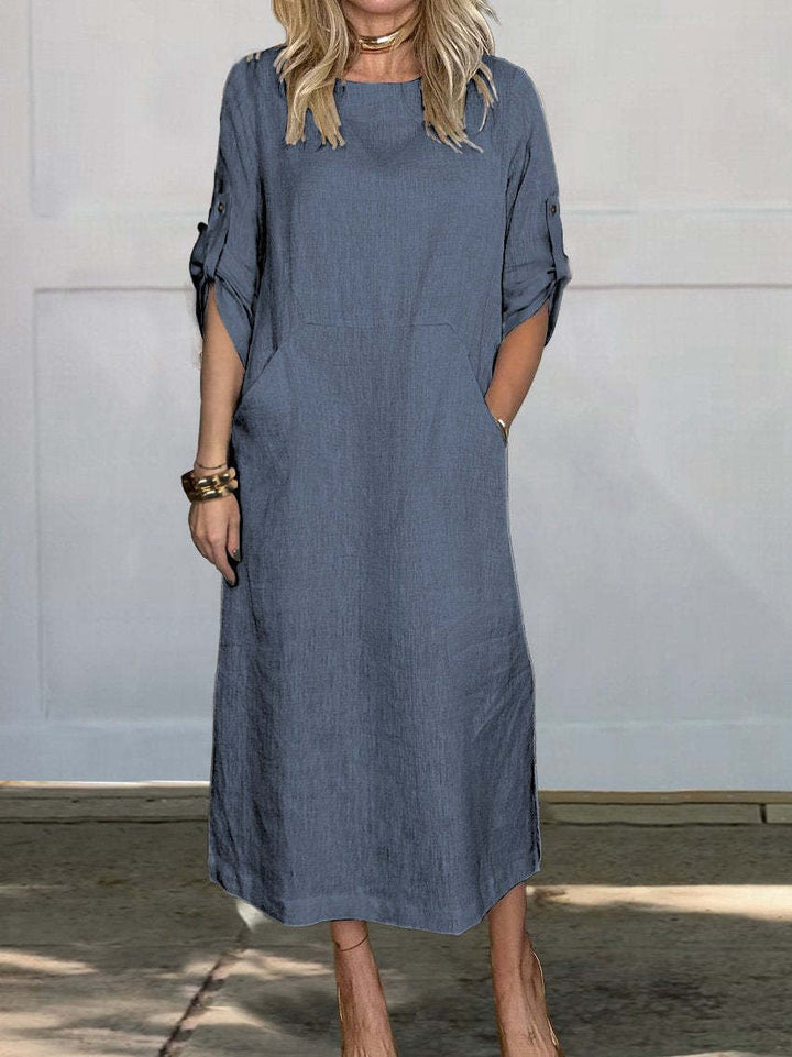 Women's Casual Linen Midi Dress with Side Pockets and Roll-Up Sleeves Lisslune