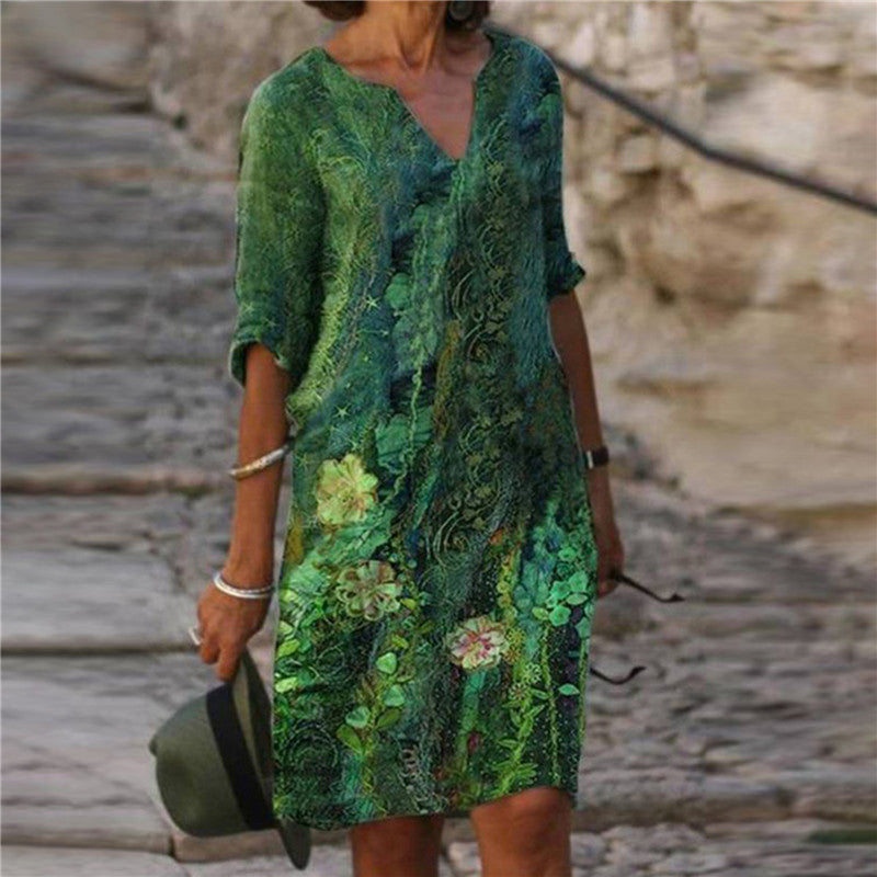 Women’s casual dress with floral design and V-neck