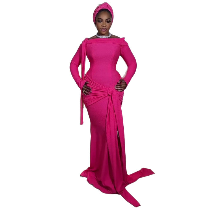 Women Elegant Long Sleeve Dress with Asymmetrical Draping and Bow Accent