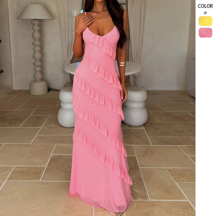Women's maxi dress with elegant ruffle design and adjustable straps Lisslune
