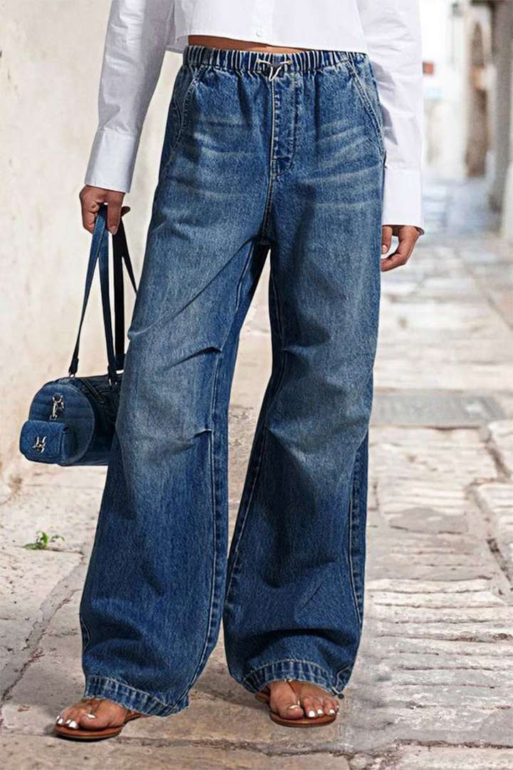 Women's Wide Denim Pants with Elastic Waist and High Pockets Lisslune