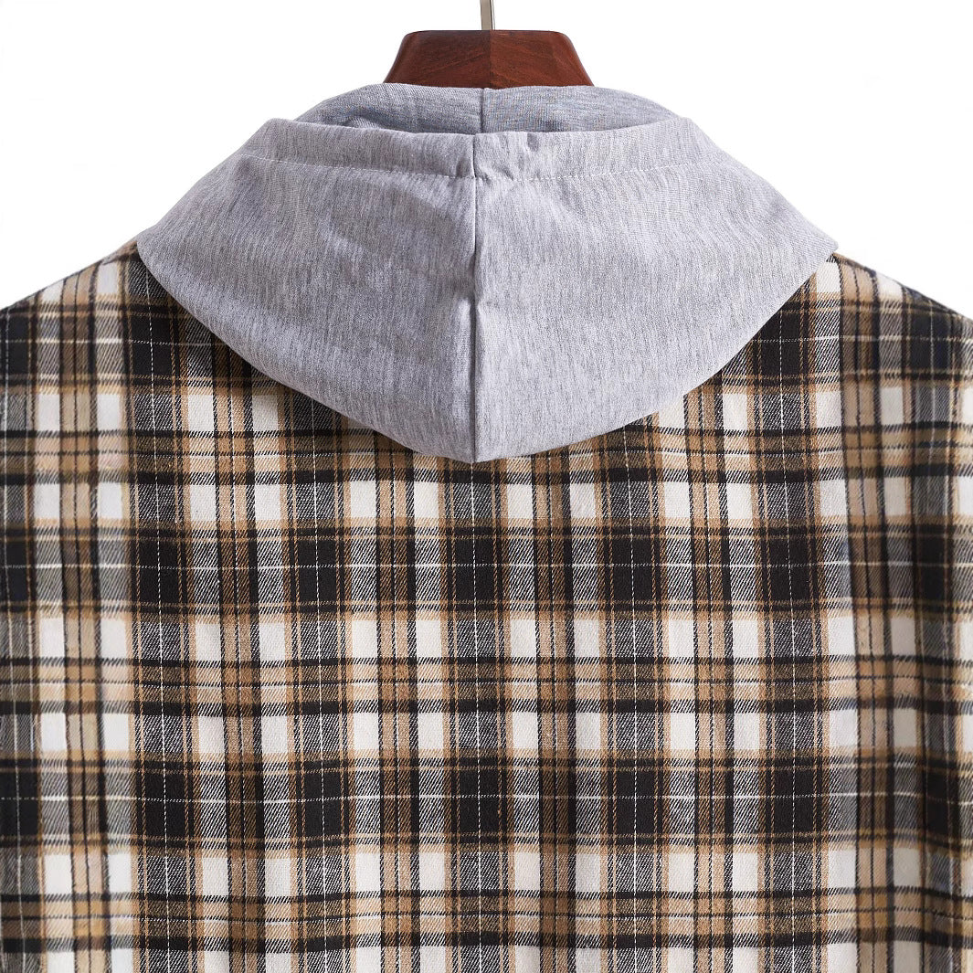 Men's Checkered Pattern Shirt with Integrated Hood Lisslune