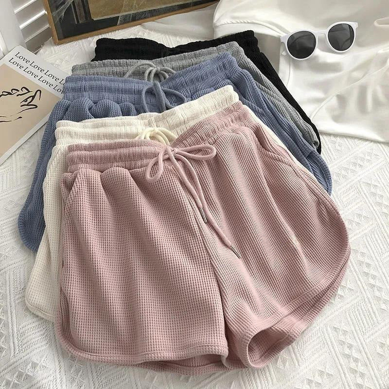 Women's casual waffle texture shorts with adjustable drawstring and elastic waistband
