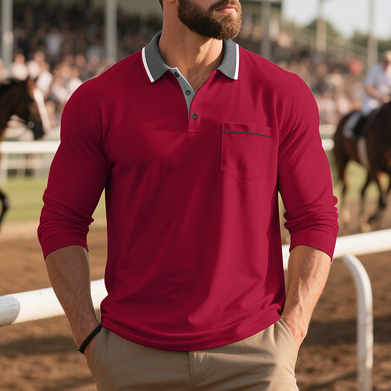 Men's Long Sleeve Polo Shirt with Fashionable Collar and Chest Pocket Lisslune