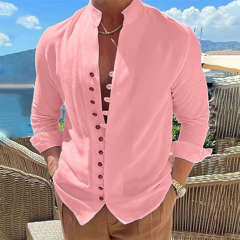 Men's casual long sleeve shirt with stand-up collar and full button placket Lisslune