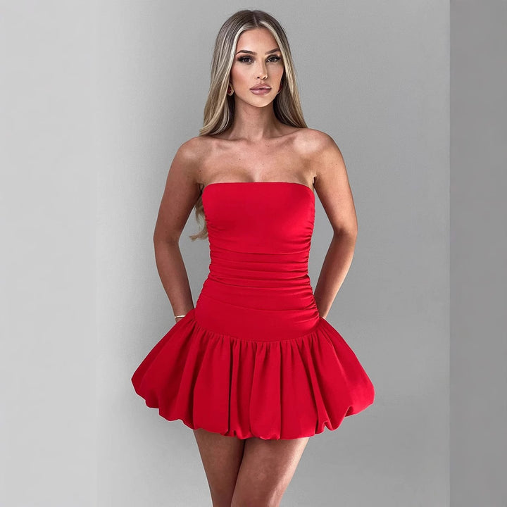 Damen figurbetontes, trägerloses Minikleid mit Rüschen und elastischem Taillenbund Lisslune