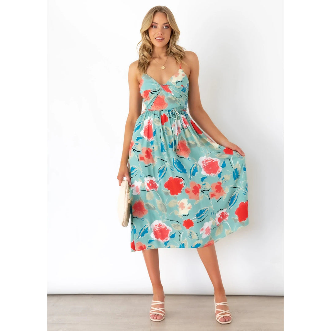 Women's midi dress with elegant wrap design and floral pattern mix Lune London