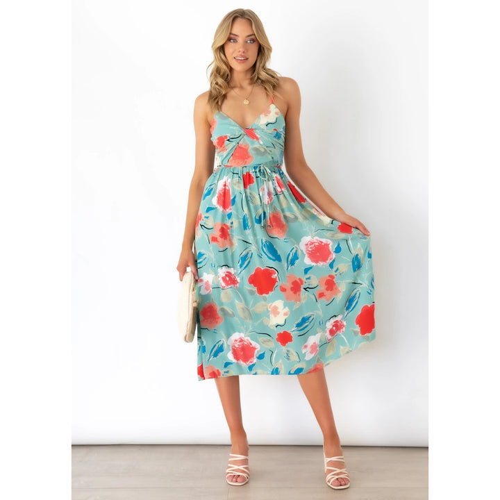Women's midi dress with elegant wrap design and floral pattern mix Lune London