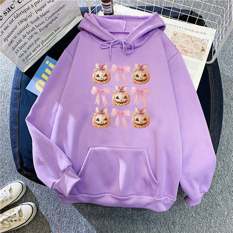 Women's Hoodie with Cheerful Pumpkin Design Lisslune
