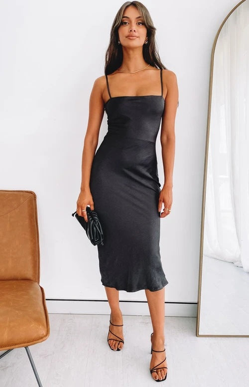Women's satin midi dress with narrow spaghetti straps and elegant cut Lune London
