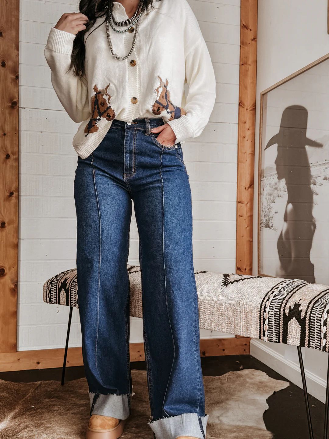 Women wide High-Waist jeans with unique contrast seams and casual look Lisslune