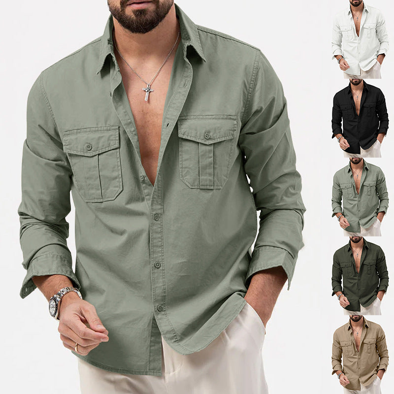 Men's casual long sleeve shirt with practical chest pockets Lisslune