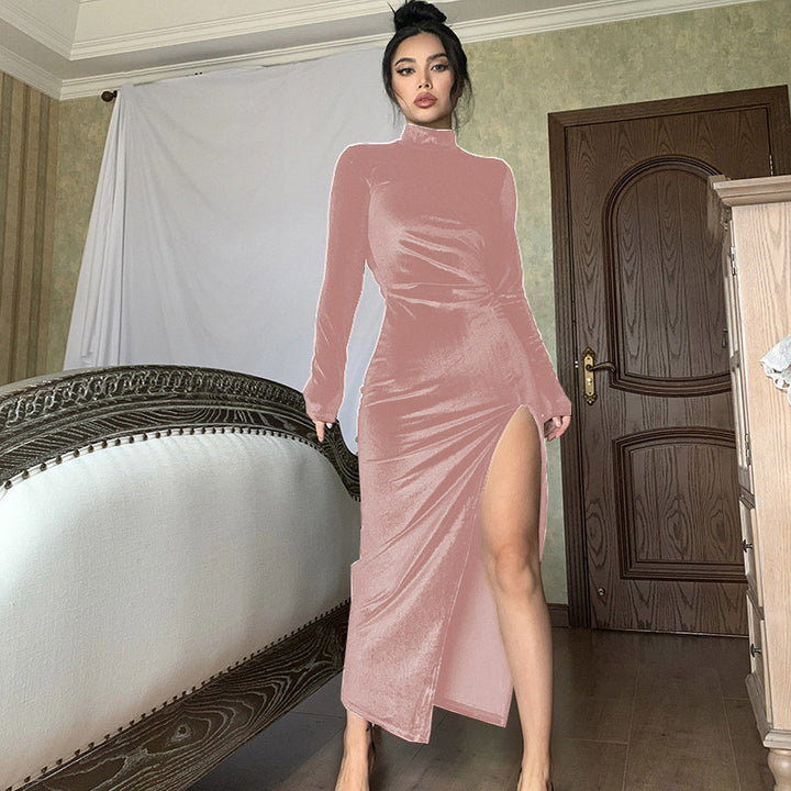 Damen Elegantes Samt-Maxi-Kleid mit hohem Schlitz und Stehkragen Lisslune