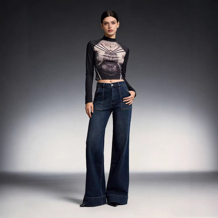 Women High-Waist Wide-Leg Pants with Trendy Patch Lisslune