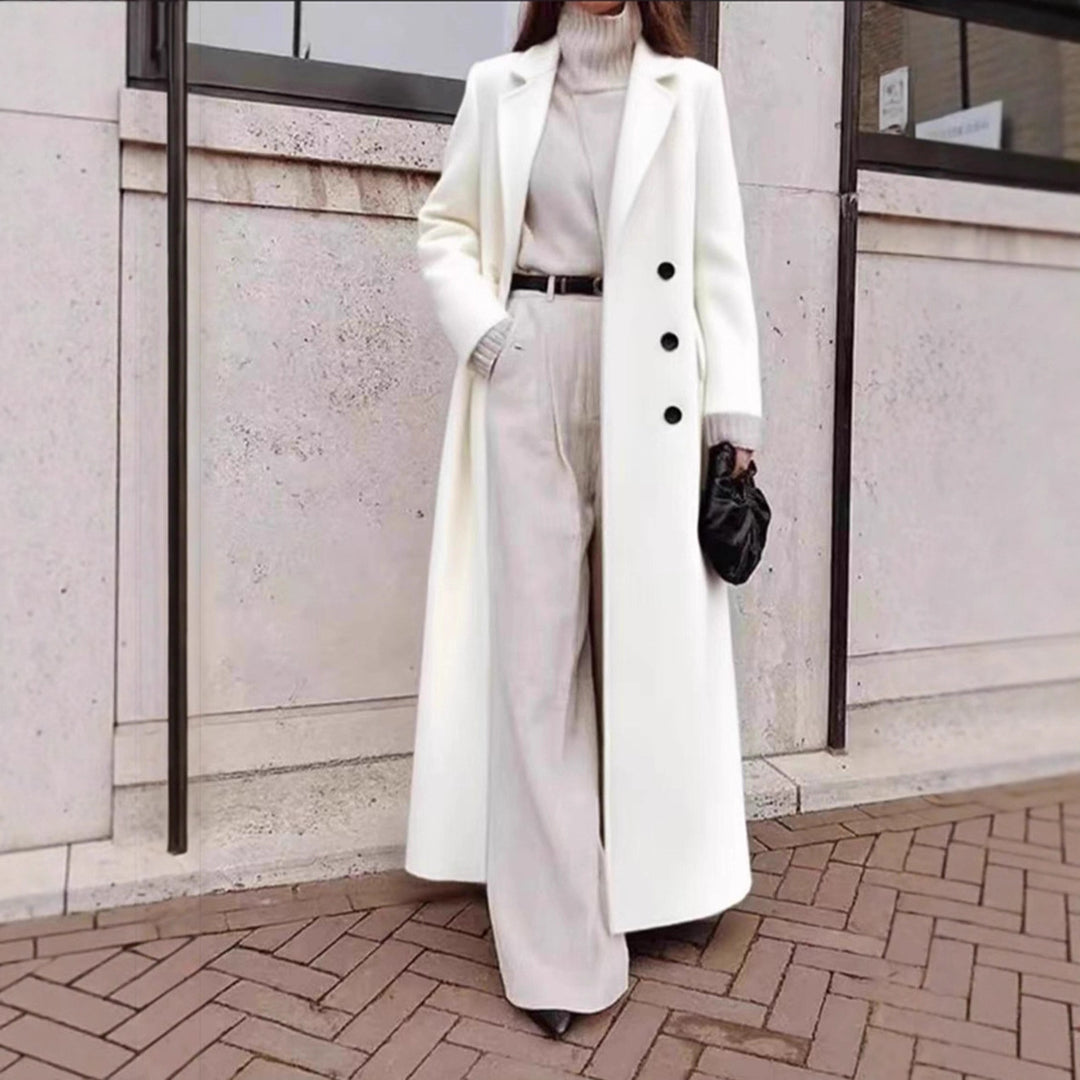 Ladies Elegant Wool Coat with Double Button Placket and Deep Pockets