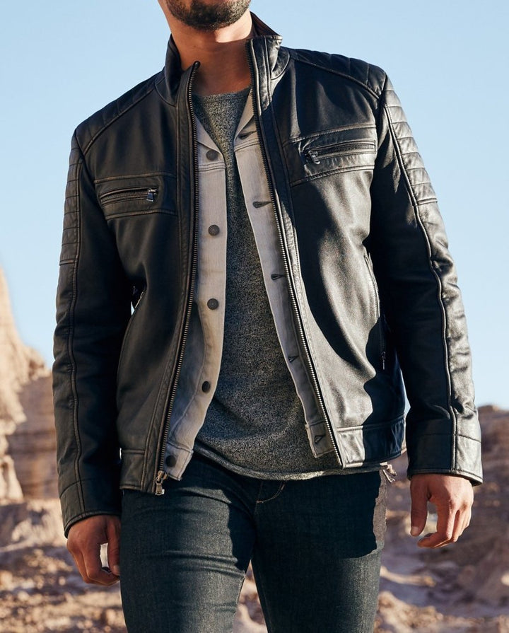 Men's biker jacket with functional pockets and unique quilting Lisslune
