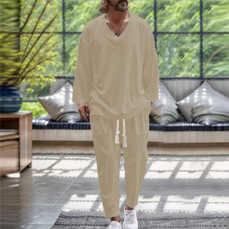 Men's Casual Lounge Set with V-Neck and Elastic Waistband Lisslune