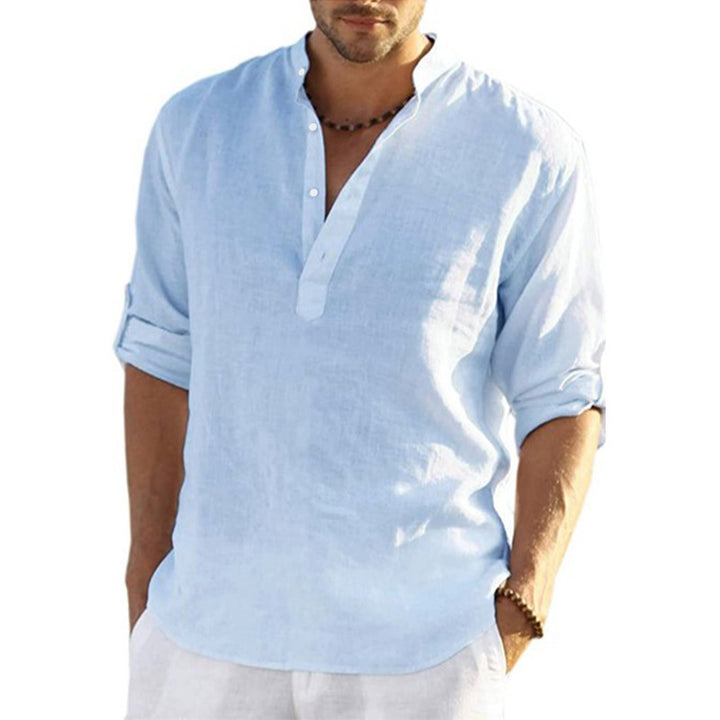 Men's casual linen shirt with stand-up collar and button placket Lisslune