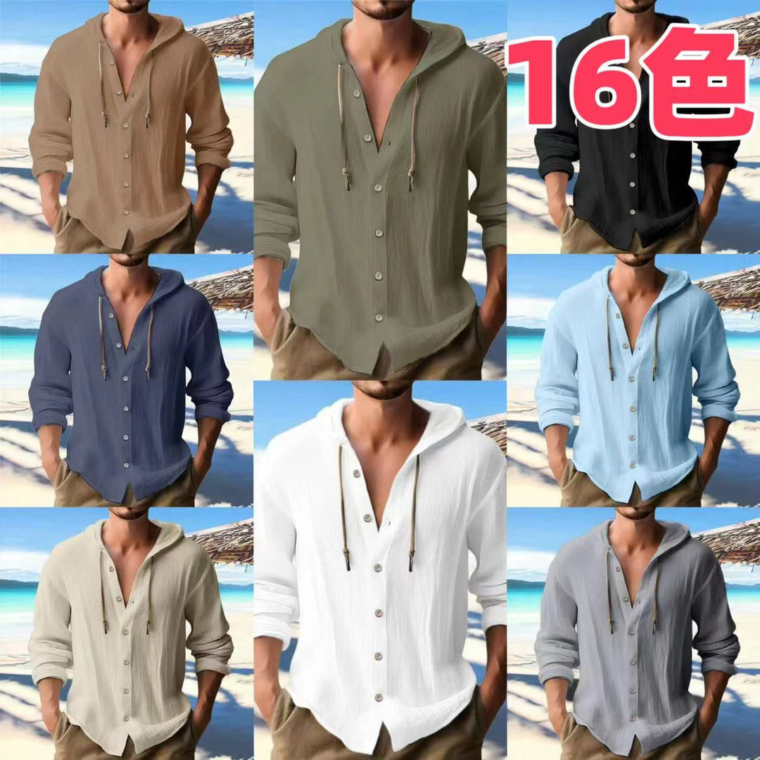 Men's casual hoodie blouse with button placket and side drawstring Lisslune