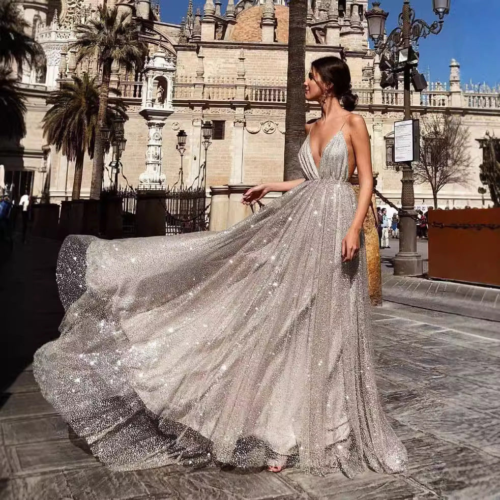 Ladies Glamorous Evening Dress with Deep V-Neck and Shining Sequins Lisslune