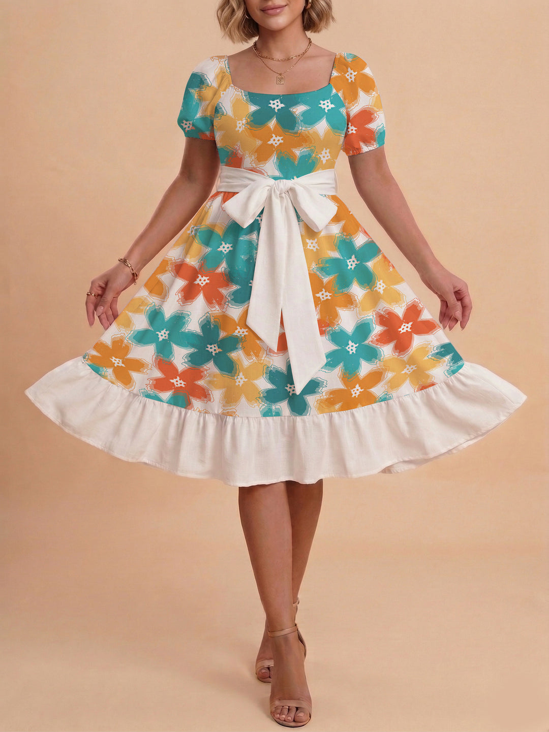 Women's floral dress with adjustable belt and voluminous sleeves Lisslune