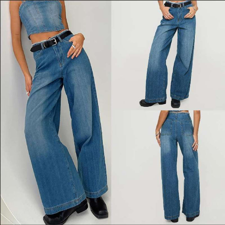 Damen weite Denim-Jeans mit hohem Bund und fransigem Saum Lisslune
