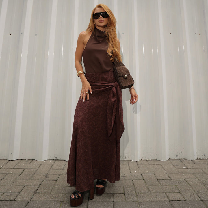 Ladies maxi skirt with sophisticated wrap design and floral accents Lisslune