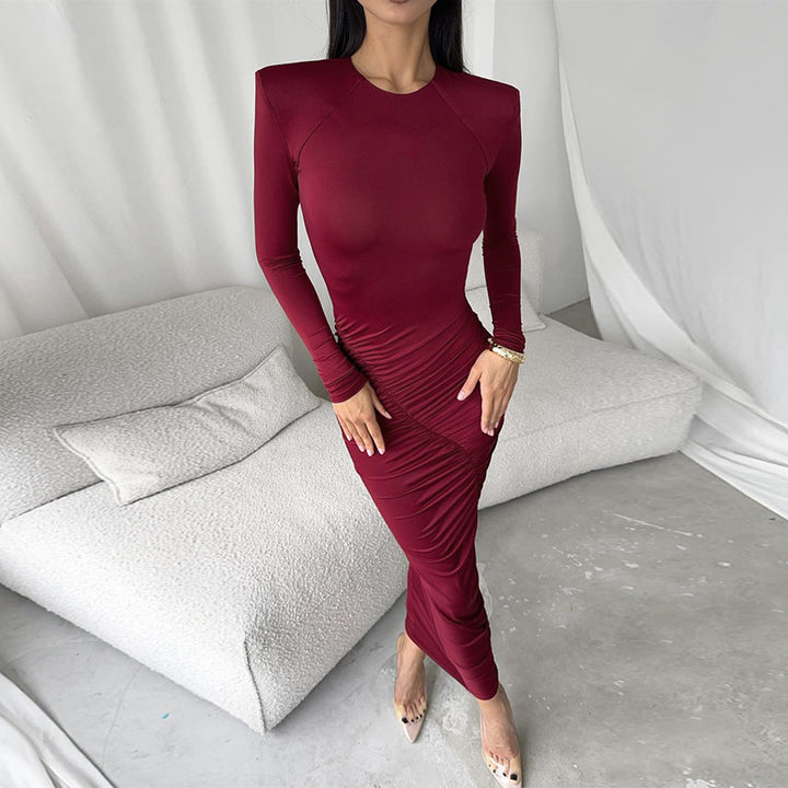 Women's Long Sleeve Gathered Dress with Elegant Cut and Figure-Shaping Details