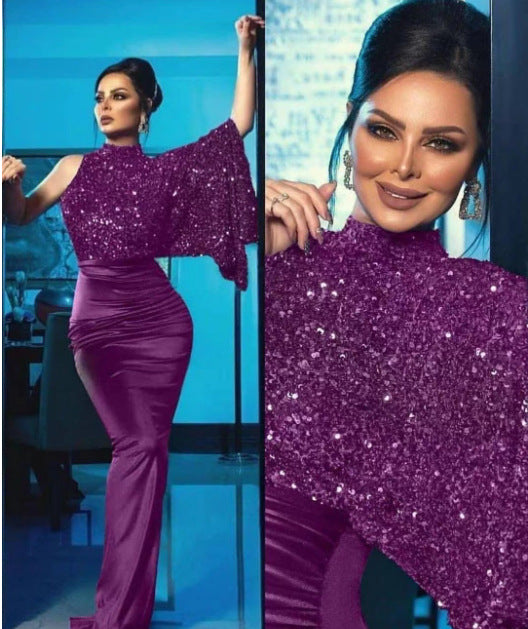 Ladies Glittering Evening Dress with Asymmetric Cut Lisslune