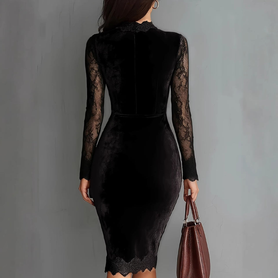 Women Elegant Velvet Dress with Lace Inserts and Tailored Cut Lisslune