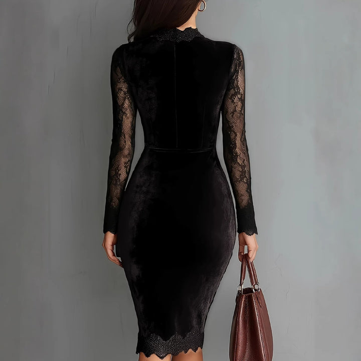 Women Elegant Velvet Dress with Lace Inserts and Tailored Cut Lisslune
