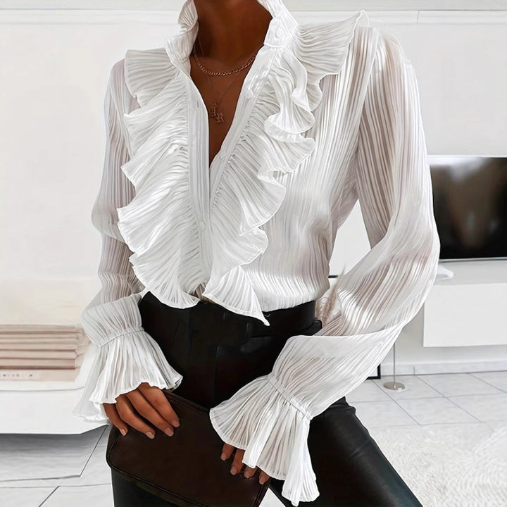Women Pleated Blouse with Ruffle Details and Elegant Ruffles Lisslune