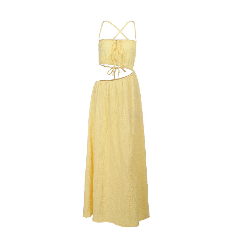Ladies maxi dress with open cut-out design and delicate drawstring Lune London