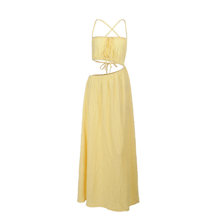 Ladies maxi dress with open cut-out design and delicate drawstring Lune London