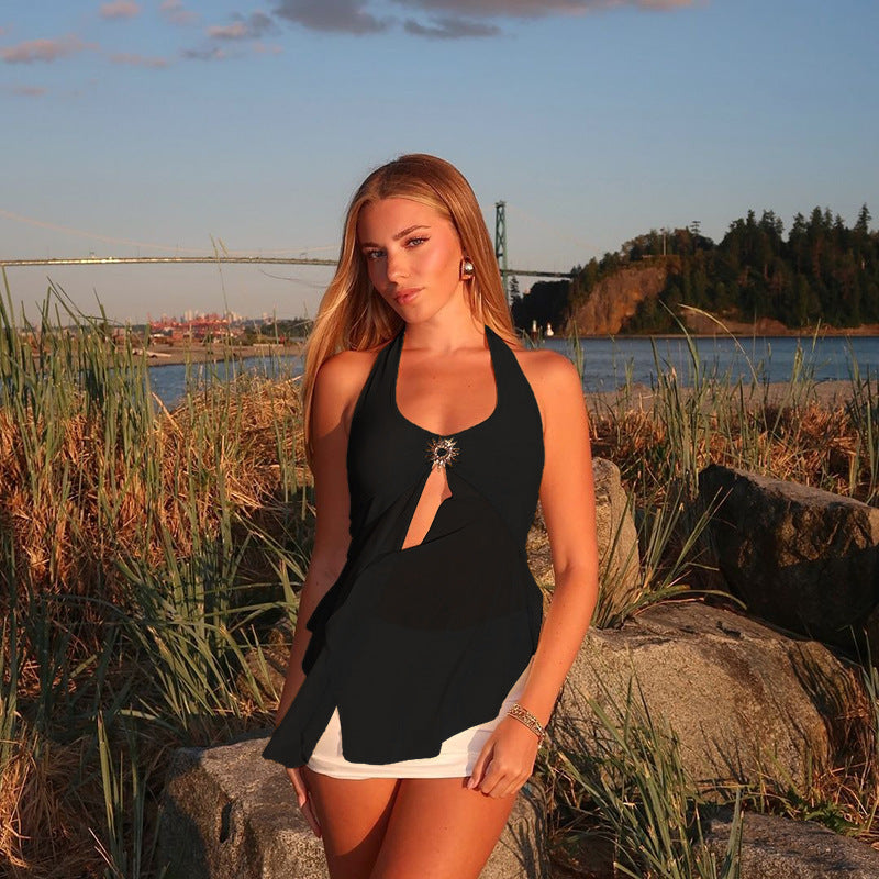 Women's casual halter top with transparent chiffon and elegant appliqué Lune London