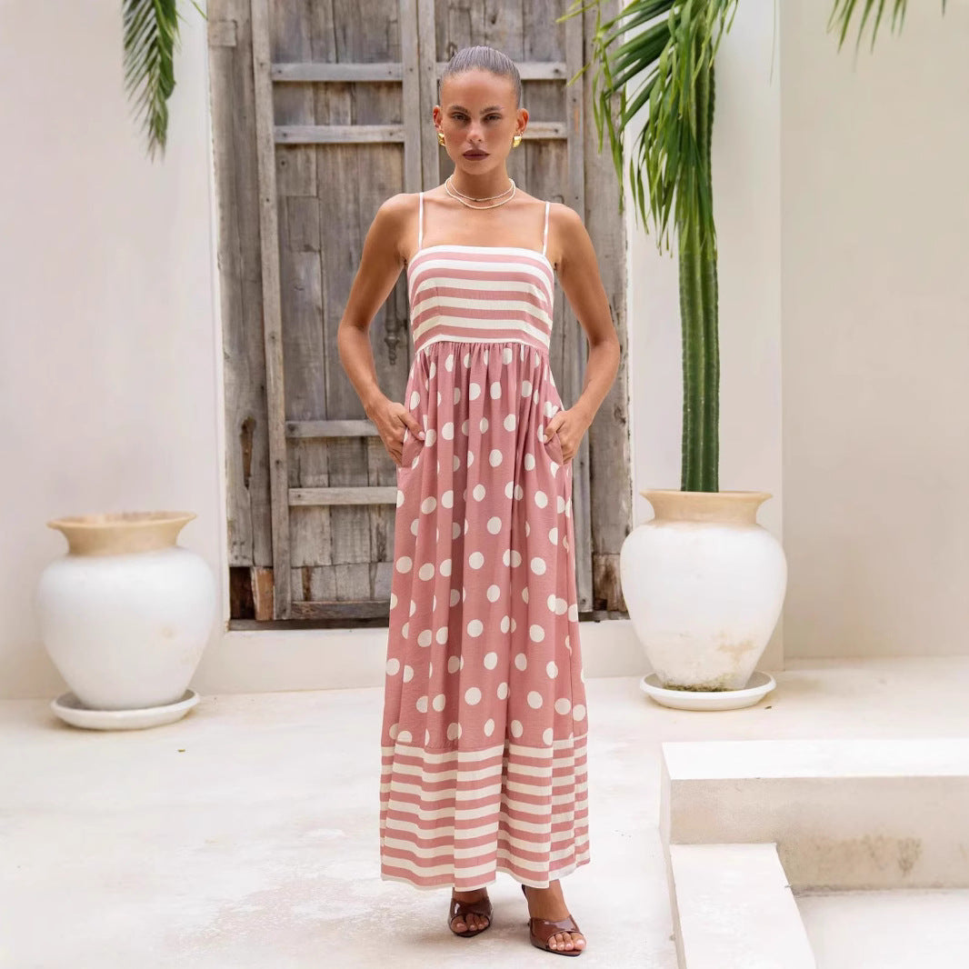 Women's maxi dress with gathered bodice and playful polka dot and stripe pattern Lune London