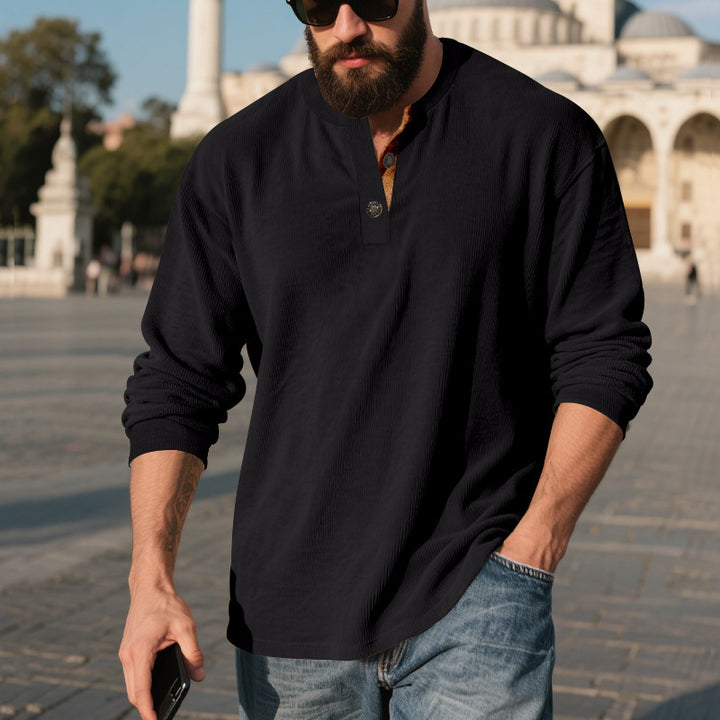Men's long-sleeve shirt with textured ribbed look and fashionable button placket detail Lisslune