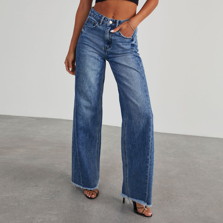 Ladies High-Waisted Mom Jeans in Classic Cut with Frayed Hem Lisslune