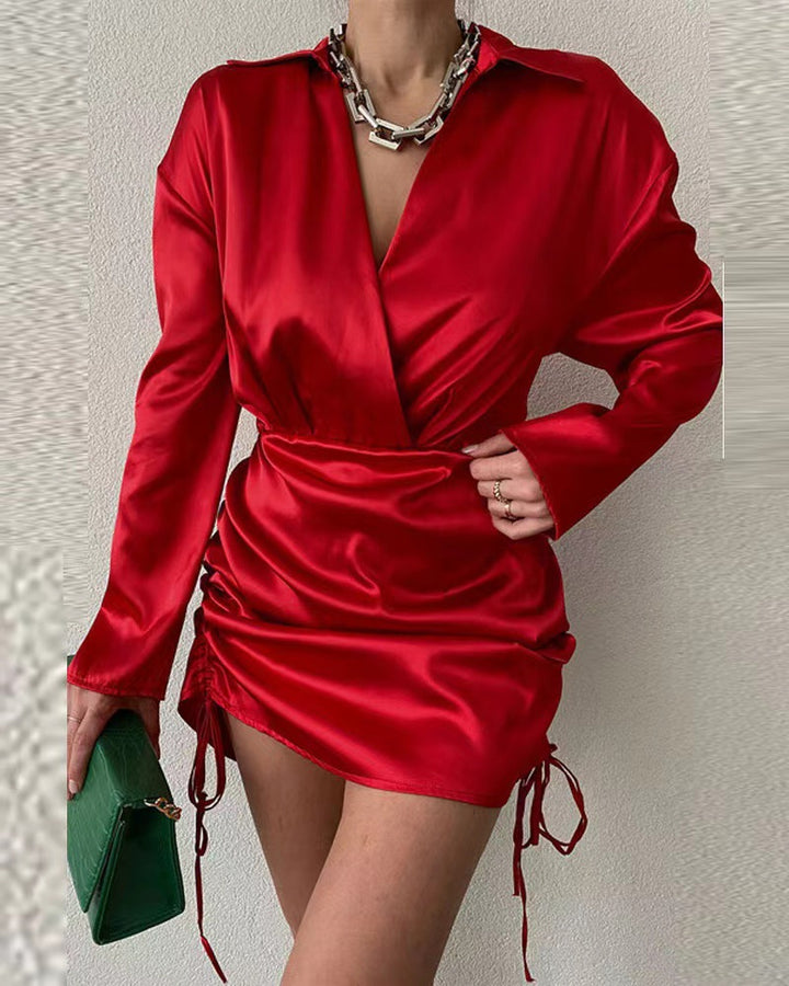 Ladies Elegant Wrap Dress with Long Sleeve and Adjustable Hem