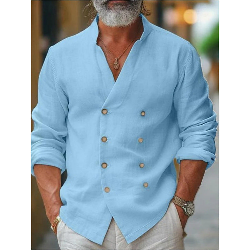 Men's linen shirt with double button placket and trendy standing collar Lisslune