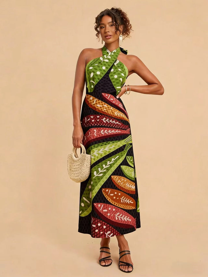 Ladies Halterneck Maxi Dress with Colorful Leaf Design and Flared Cut