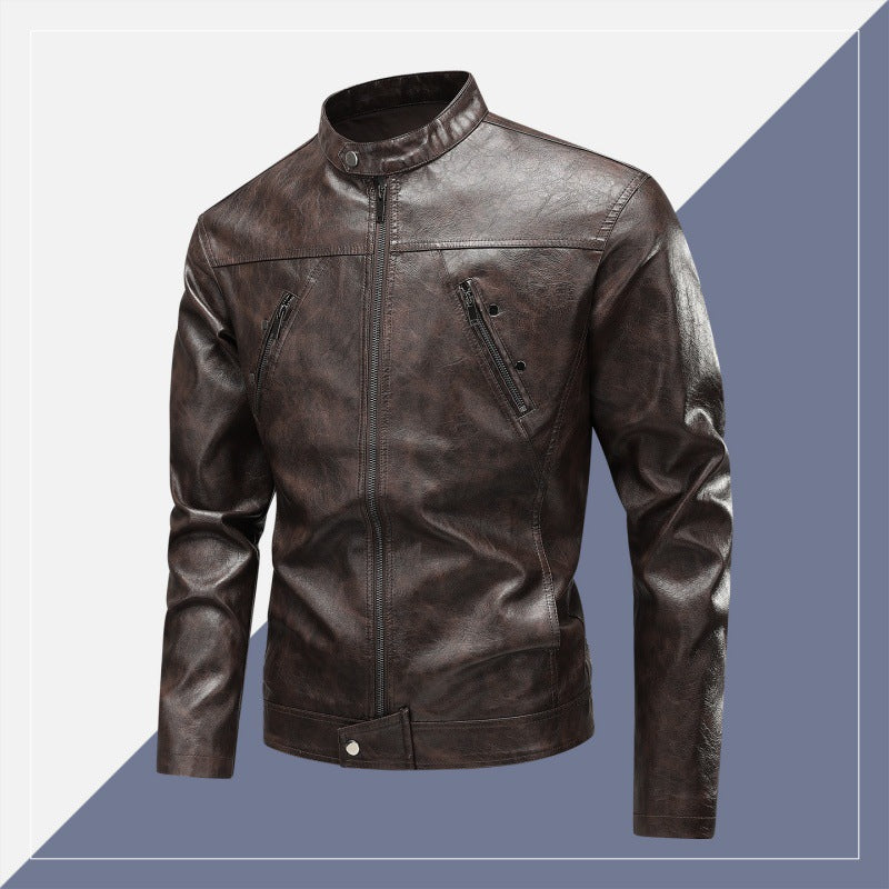 Men's faux leather jacket with modern stand-up collar and practical zipper pockets Lisslune