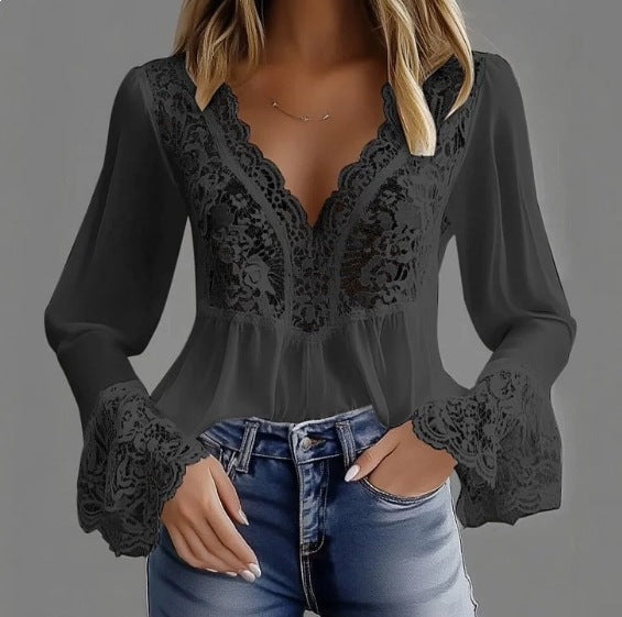 Damen elegante Bluse mit Spitzendetails und gerafftem Saum Lisslune