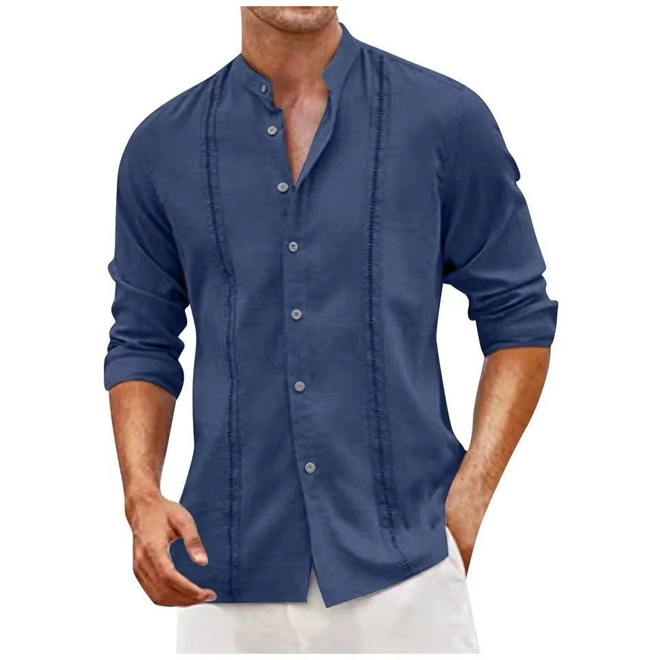 Men's Long Sleeve Linen Shirt with Stand Collar and Fine Embroidery Details Lisslune