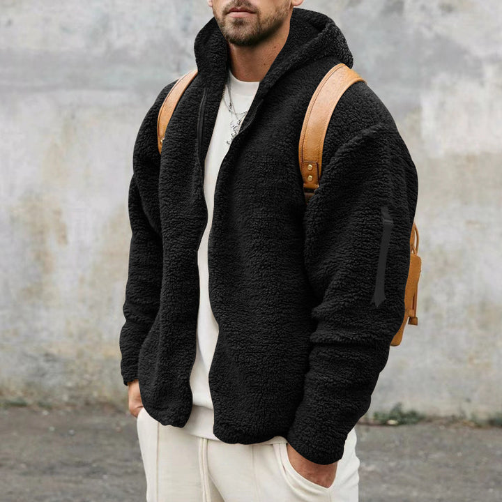 Men's fleece long jacket with hood and practical pockets Lisslune