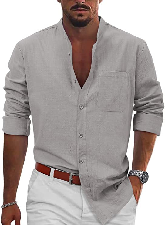 Men's casual linen shirt with classic V-neck and chest pocket Lisslune