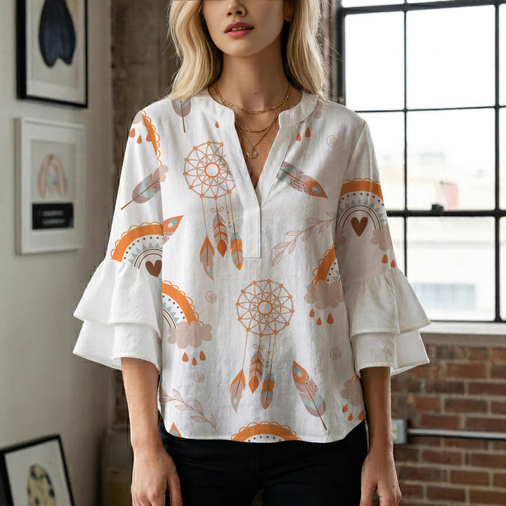 Women's blouse with voluminous wing sleeves and intense leaf pattern Lisslune
