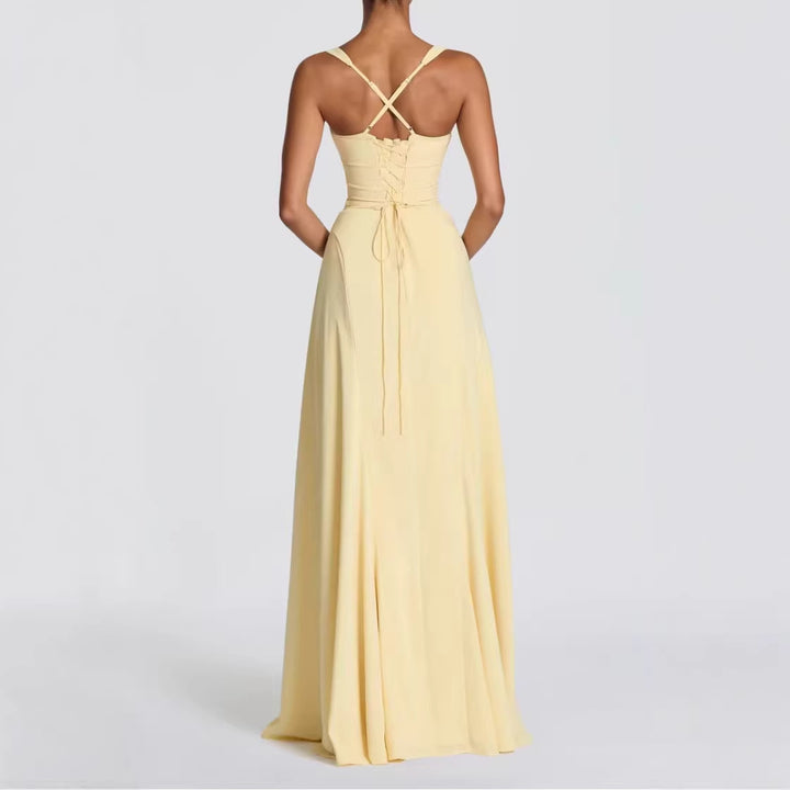 Ladies Elegant Maxi Dress with Heart-Shaped Neckline and Flowing Fabric