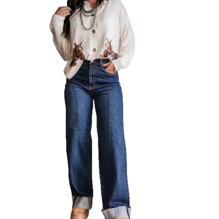 Women wide High-Waist jeans with unique contrast seams and casual look Lisslune